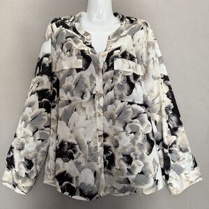 Calvin Klein Blouse Womens XL Multicolored Floral Button Up Top Roll Tab Sleeve